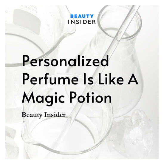 Beauty Insider. Personalized Perfume is Like A Magic Potion. A white background white clear glass beakers.
