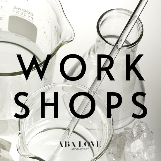 The word Workshops on top of a background photo of oil and water.  At the bottom of the photo reads Aba Love Apothecary