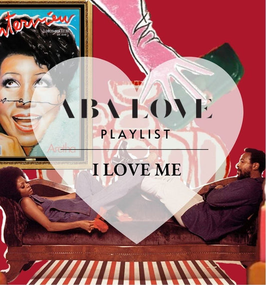 A red multi-color collage of album covers with two people laying across from each other on a couch.  "Aba Love Playlist, I Love Me".