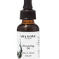 Amber glass bottle with black dropper. It has a white label with black and grey graphic and black type. Grooming Oil Men’s Facial Serum, 1 oz bottle. There is a thin gold label printed  around the bottom of the label.